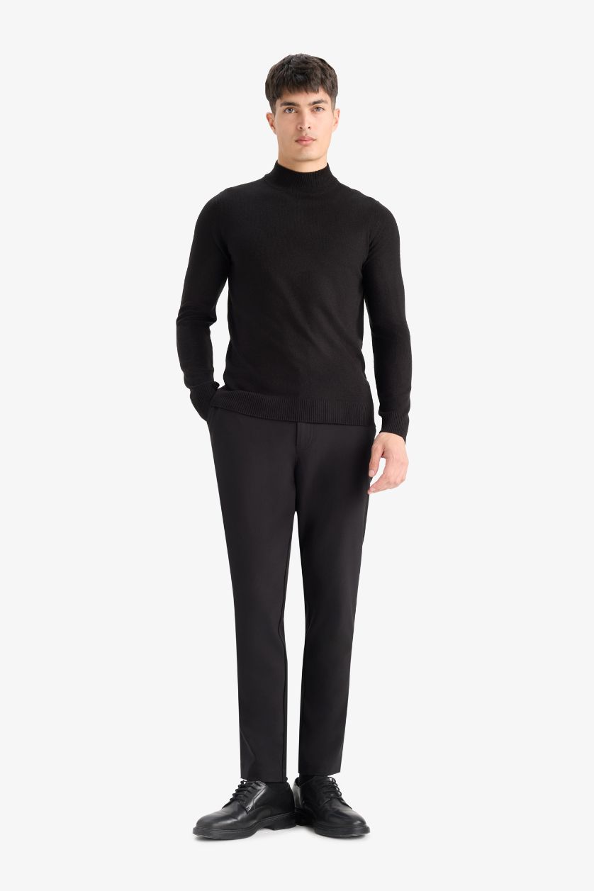 Мужчины Черный Трикотажный свитер Slim Fit, облегающий, с высоким воротником, однотонный