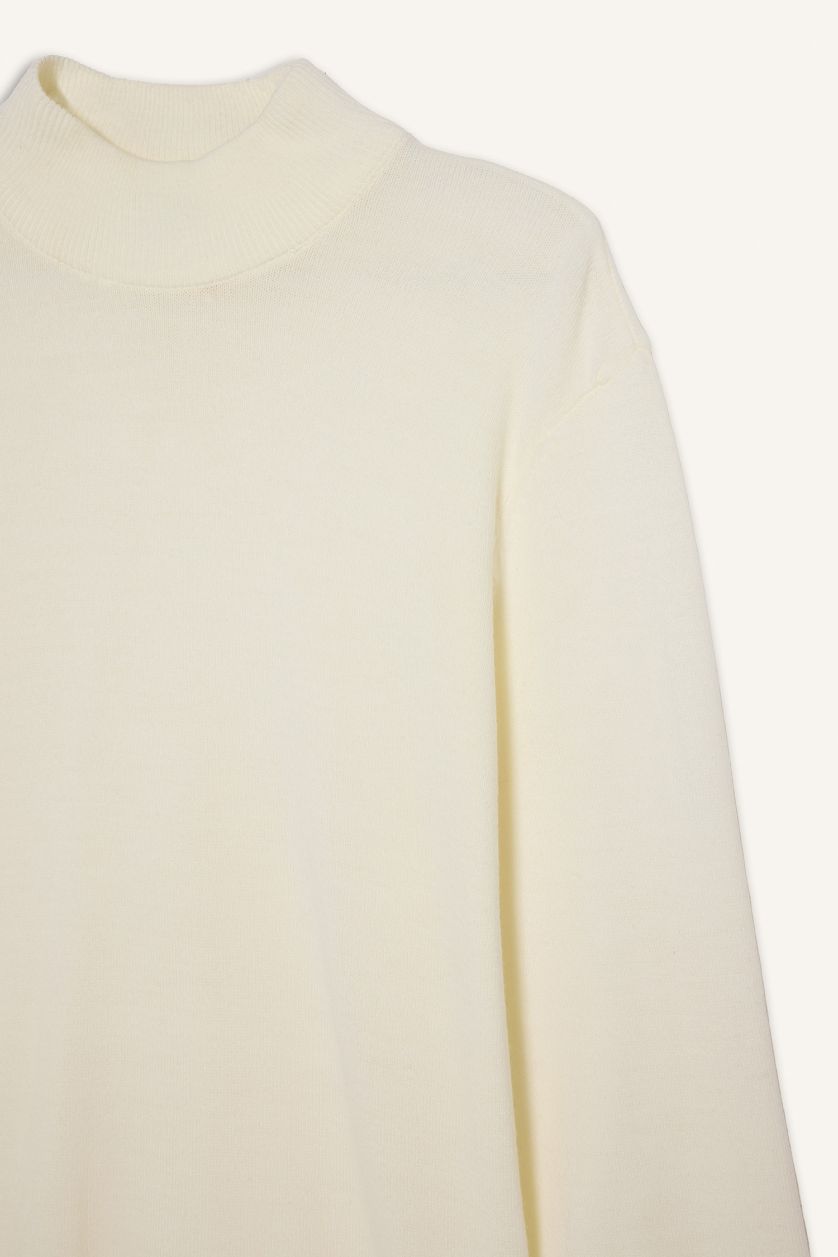 Erkek Ekru Slim Fit Dar Kesim Balıkçı Yaka Basic Düz Triko Kazak