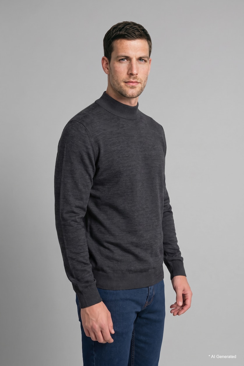 MESHKUJ Anthracite Melange Slim Fit Mock Neck Basic Knitted Sweater