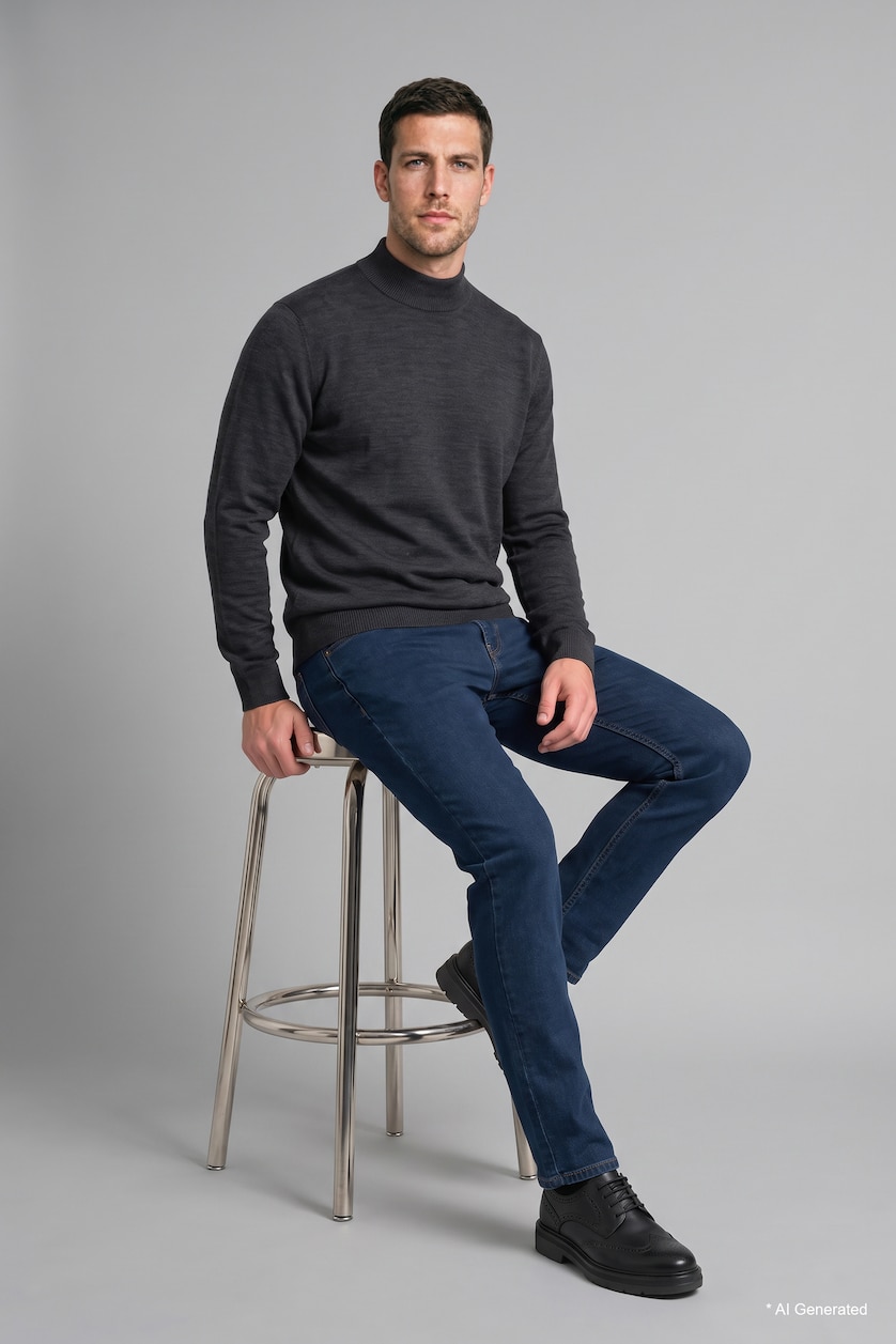 MESHKUJ Anthracite Melange Slim Fit Mock Neck Basic Knitted Sweater