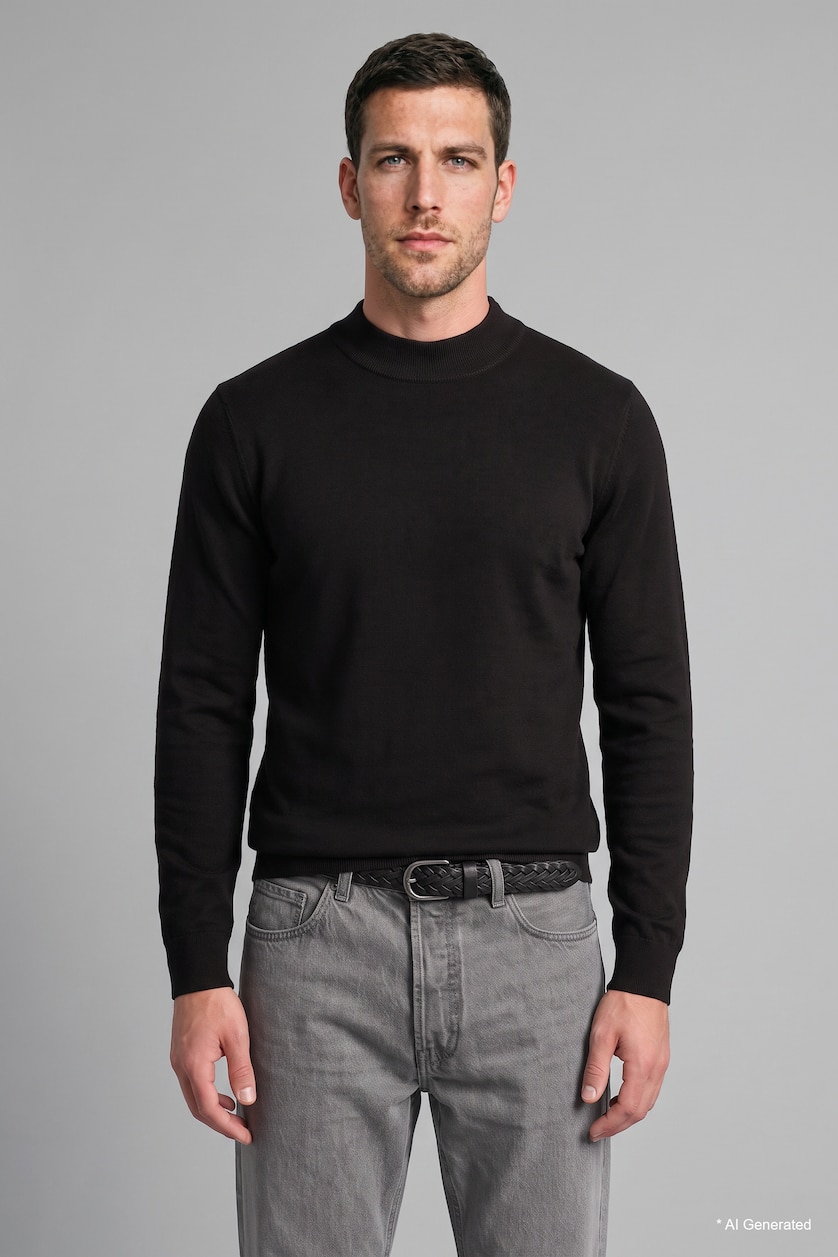 MESHKUJ Brown Slim Fit Mock Neck Basic Knit Pullover