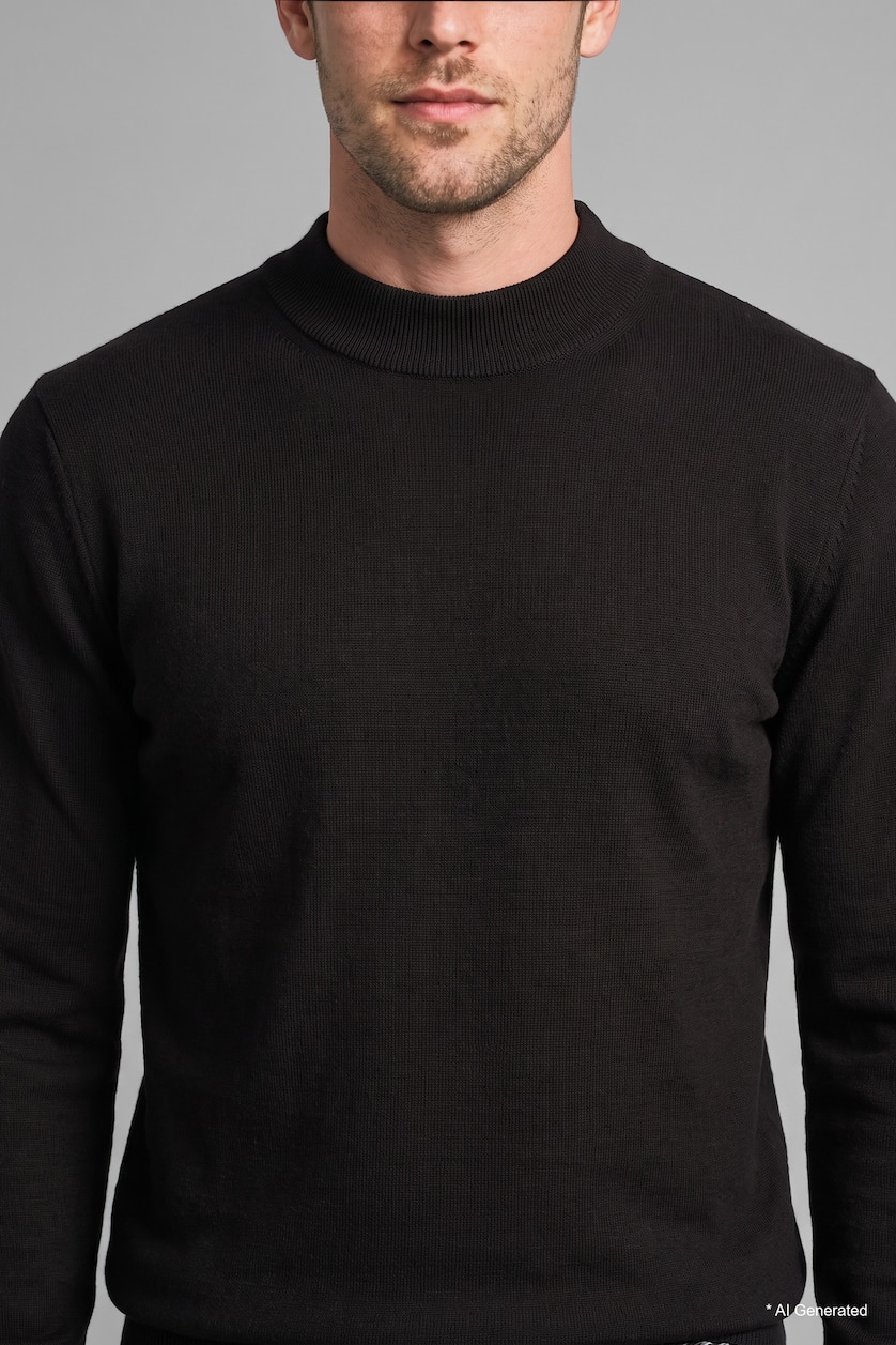 MESHKUJ Brown Slim Fit Mock Neck Basic Knit Pullover