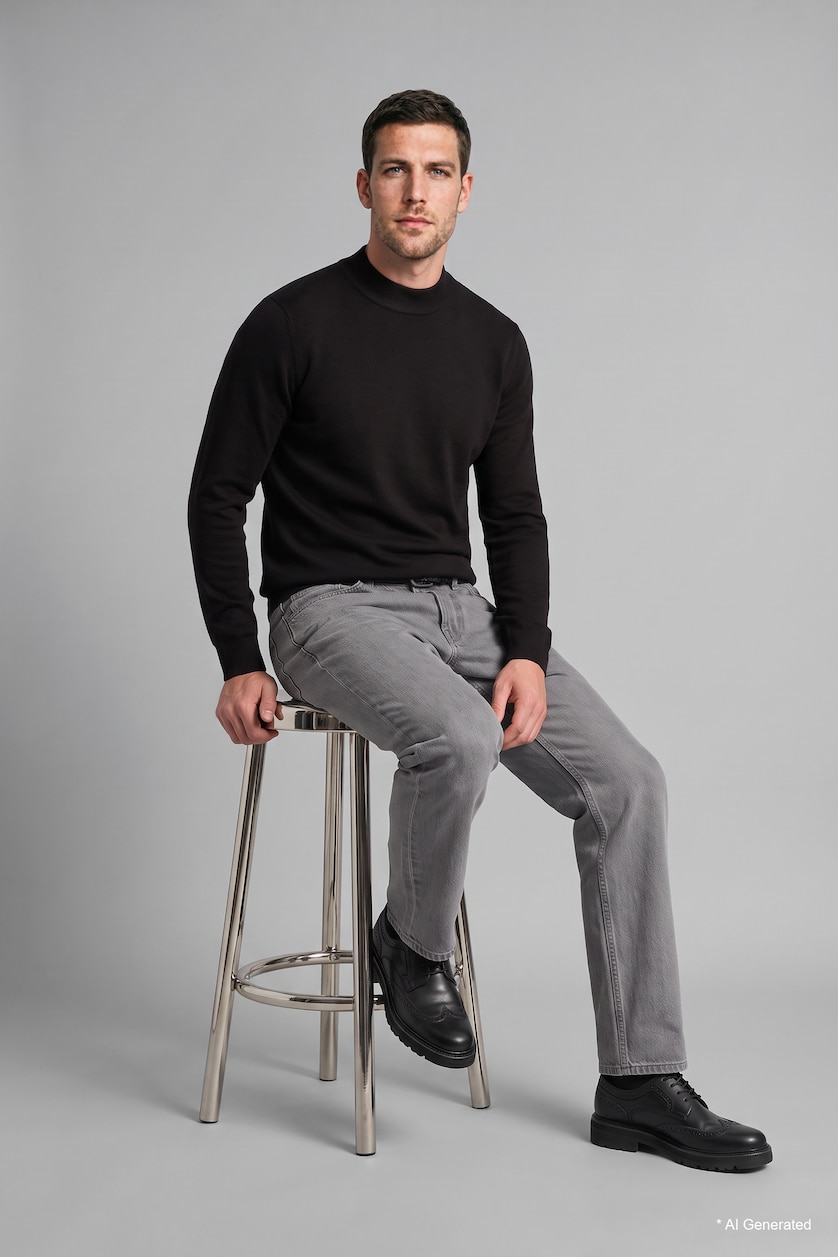 MESHKUJ Brown Slim Fit Mock Neck Basic Knit Pullover