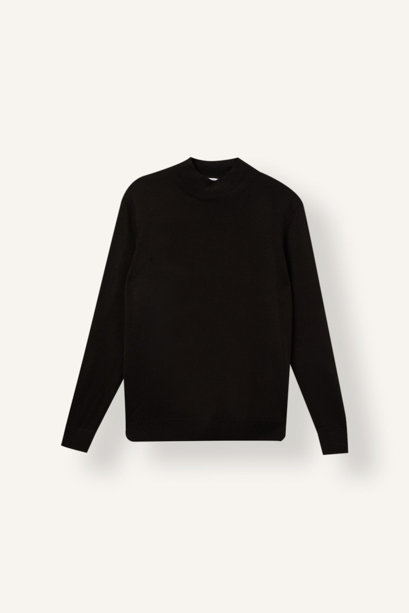 MESHKUJ Brown Slim Fit Mock Neck Basic Knit Pullover