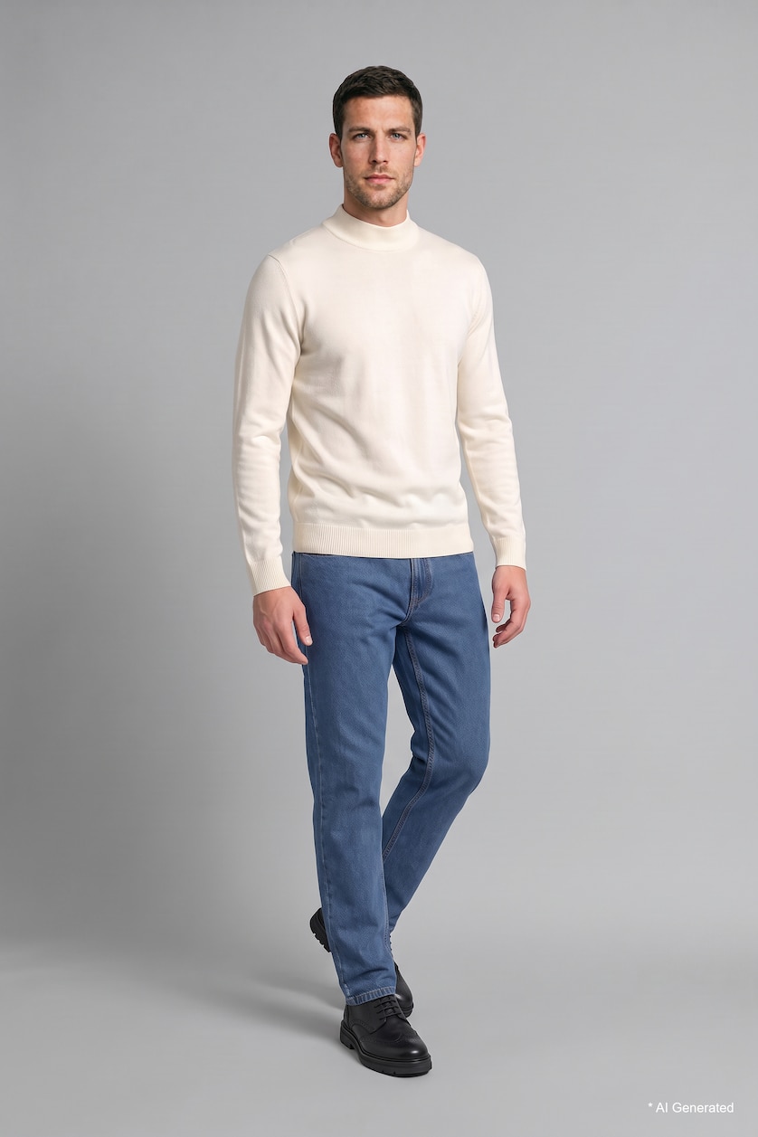 Erkek Ekru Slim Fit Yarım Balıkçı Yaka Basic Triko Kazak