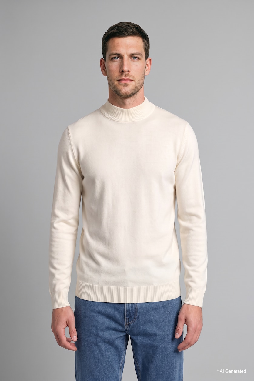 Erkek Ekru Slim Fit Yarım Balıkçı Yaka Basic Triko Kazak