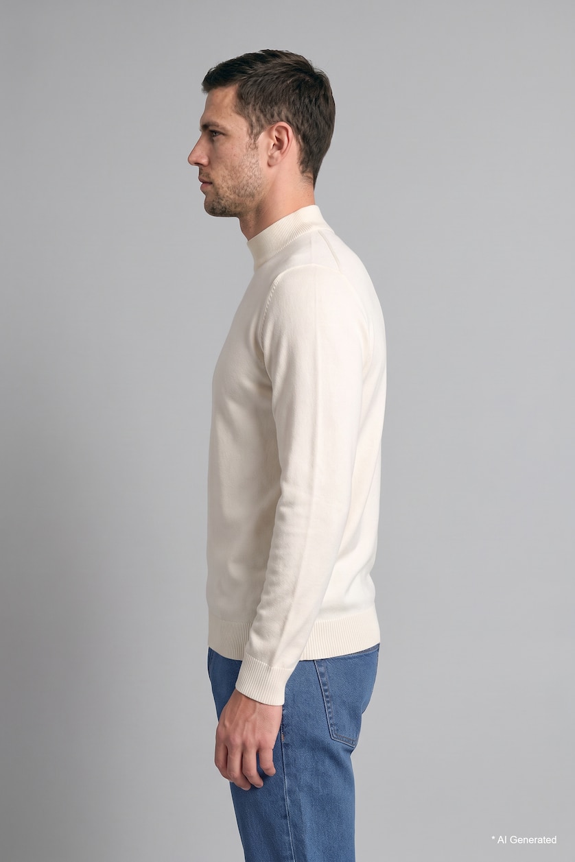 Erkek Ekru Slim Fit Yarım Balıkçı Yaka Basic Triko Kazak