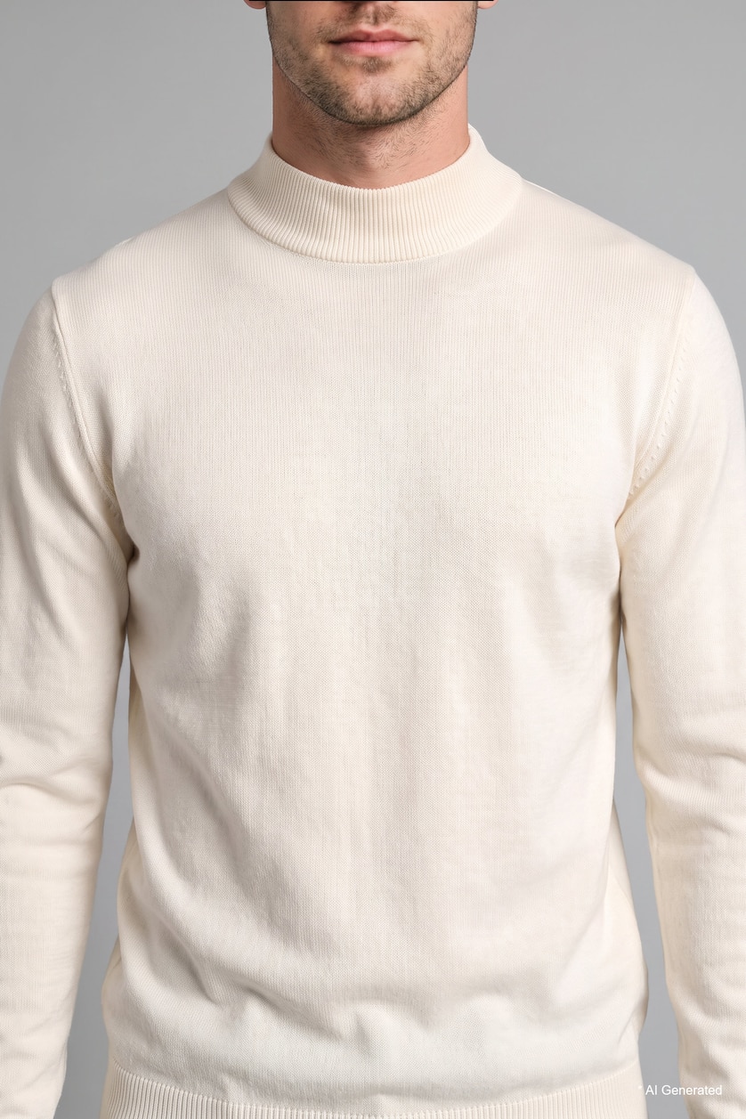 Erkek Ekru Slim Fit Yarım Balıkçı Yaka Basic Triko Kazak