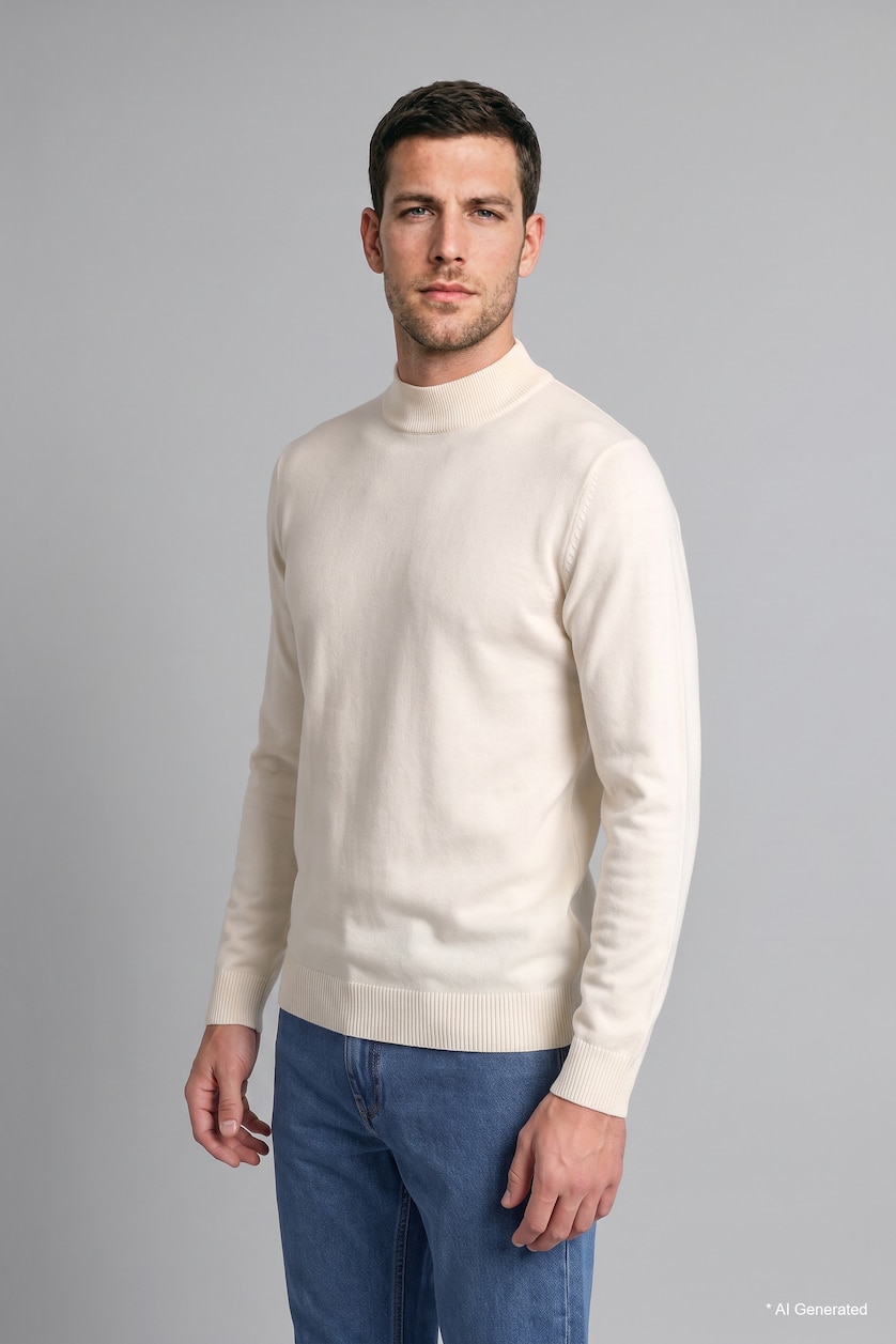 Erkek Ekru Slim Fit Yarım Balıkçı Yaka Basic Triko Kazak