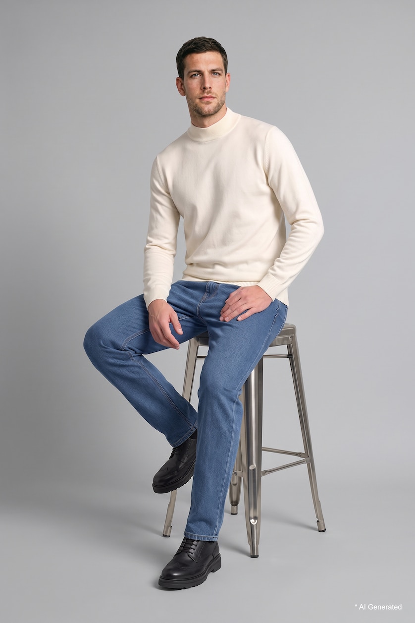 Erkek Ekru Slim Fit Yarım Balıkçı Yaka Basic Triko Kazak