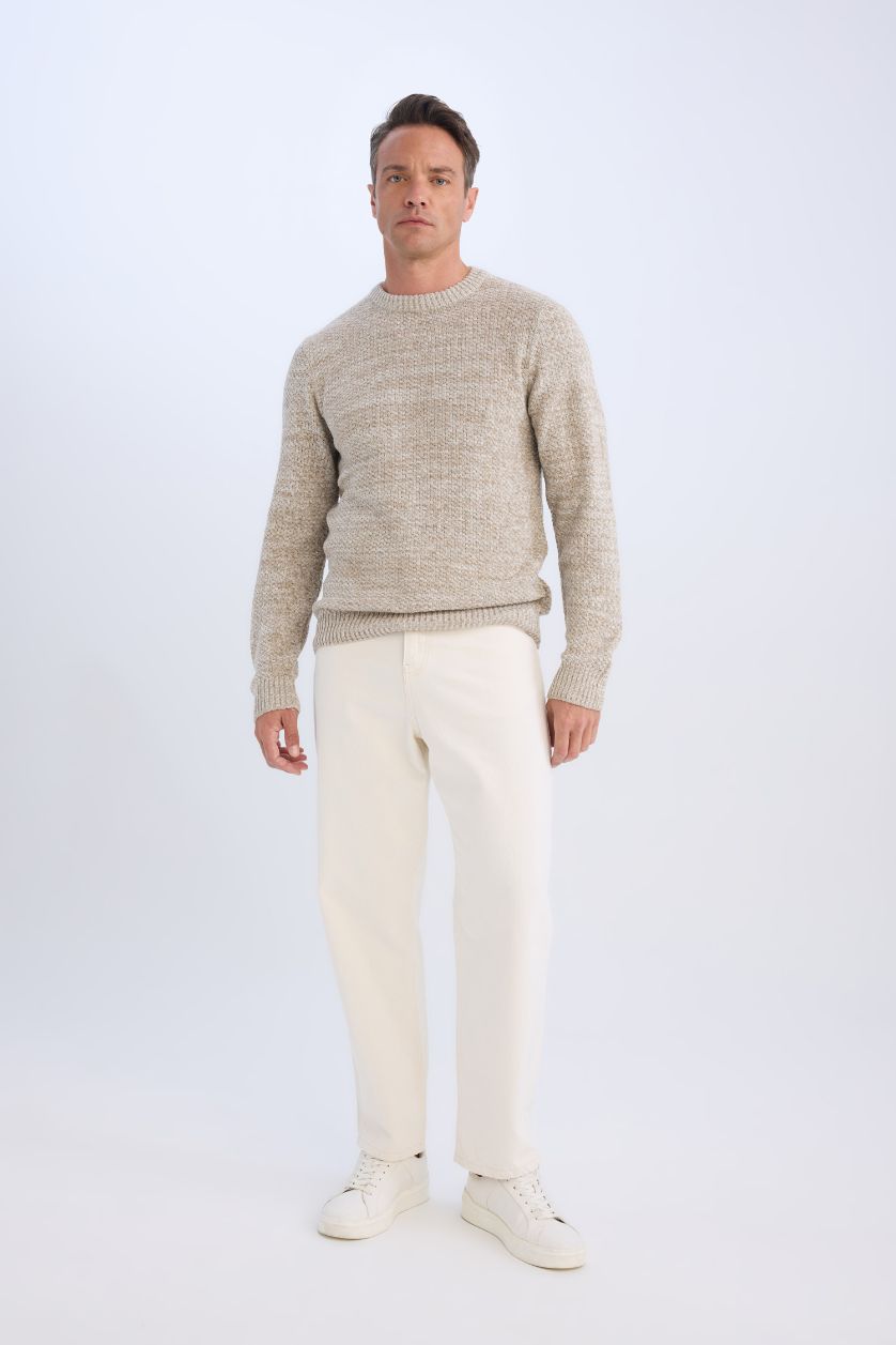 HOMME Beige Pull Tricot Coupe standard à Col rond