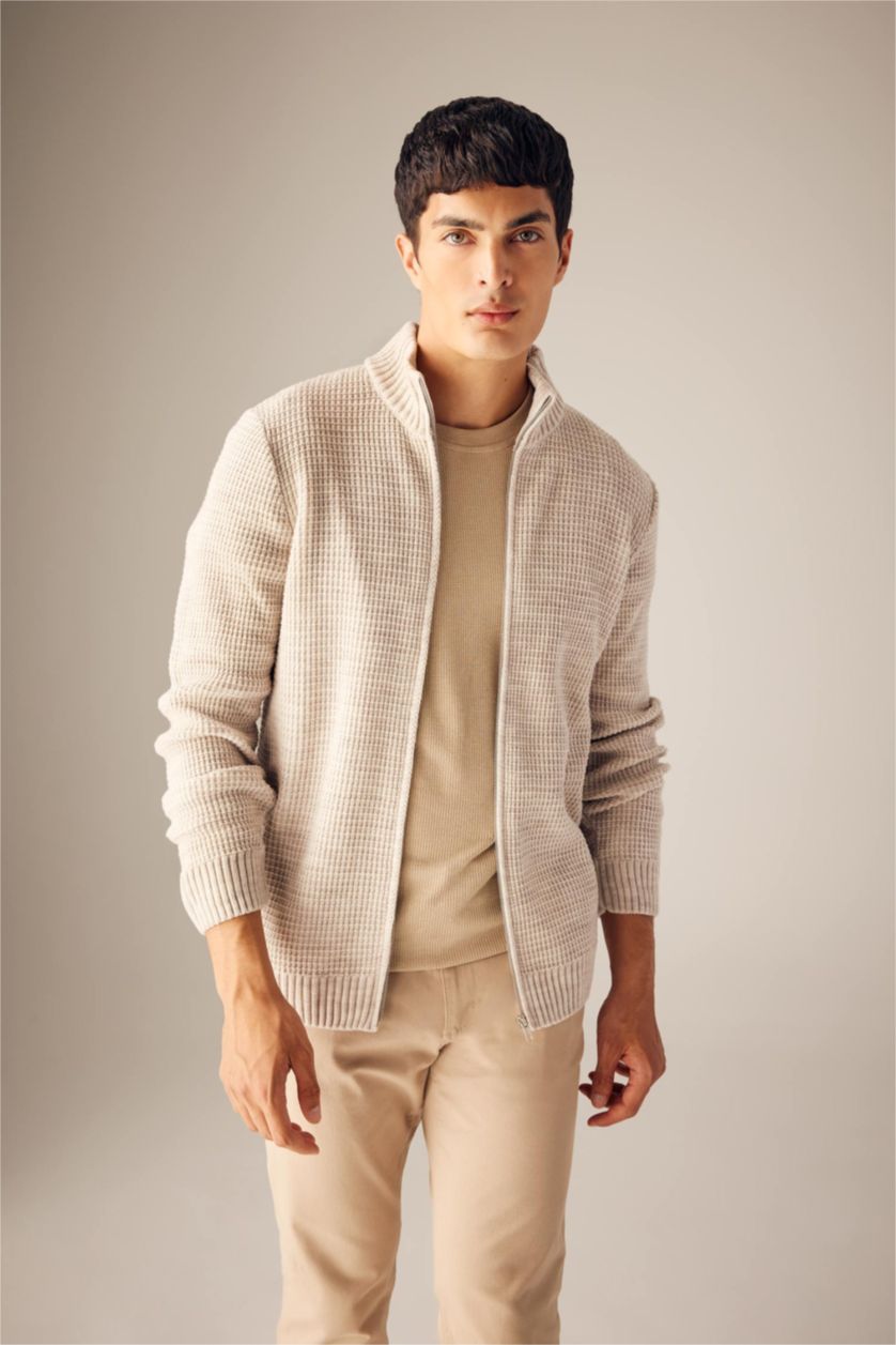 MAN Light Beige Melange Standard Fit Half Turtleneck Knitwear Cardigan