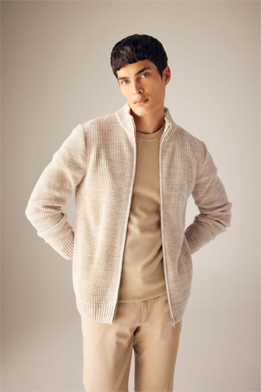 MAN Light Beige Melange Standard Fit Half Turtleneck Knitwear Cardigan