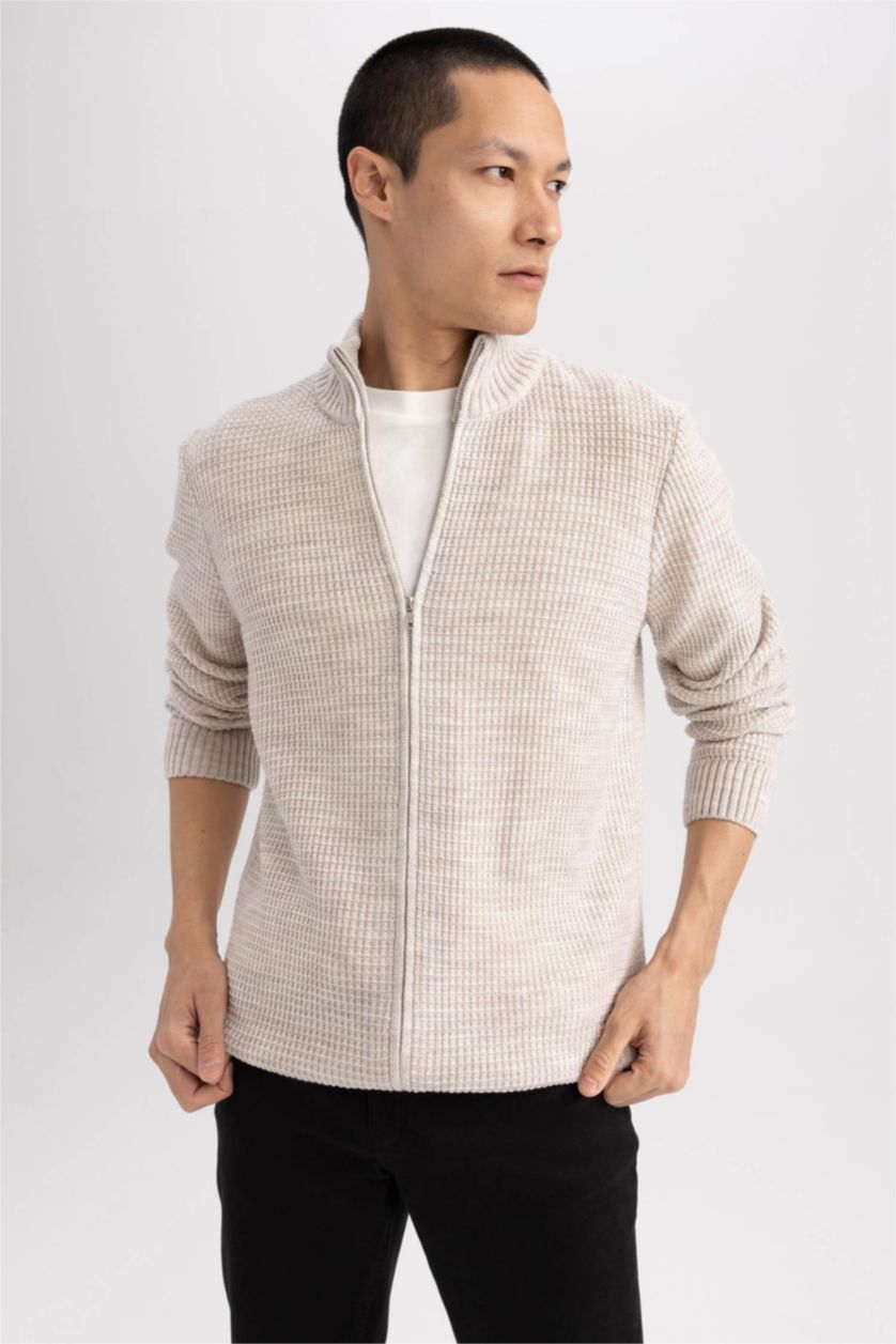 MAN Light Beige Melange Standard Fit Half Turtleneck Knitwear Cardigan