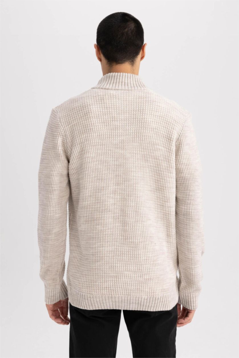 MAN Light Beige Melange Standard Fit Half Turtleneck Knitwear Cardigan