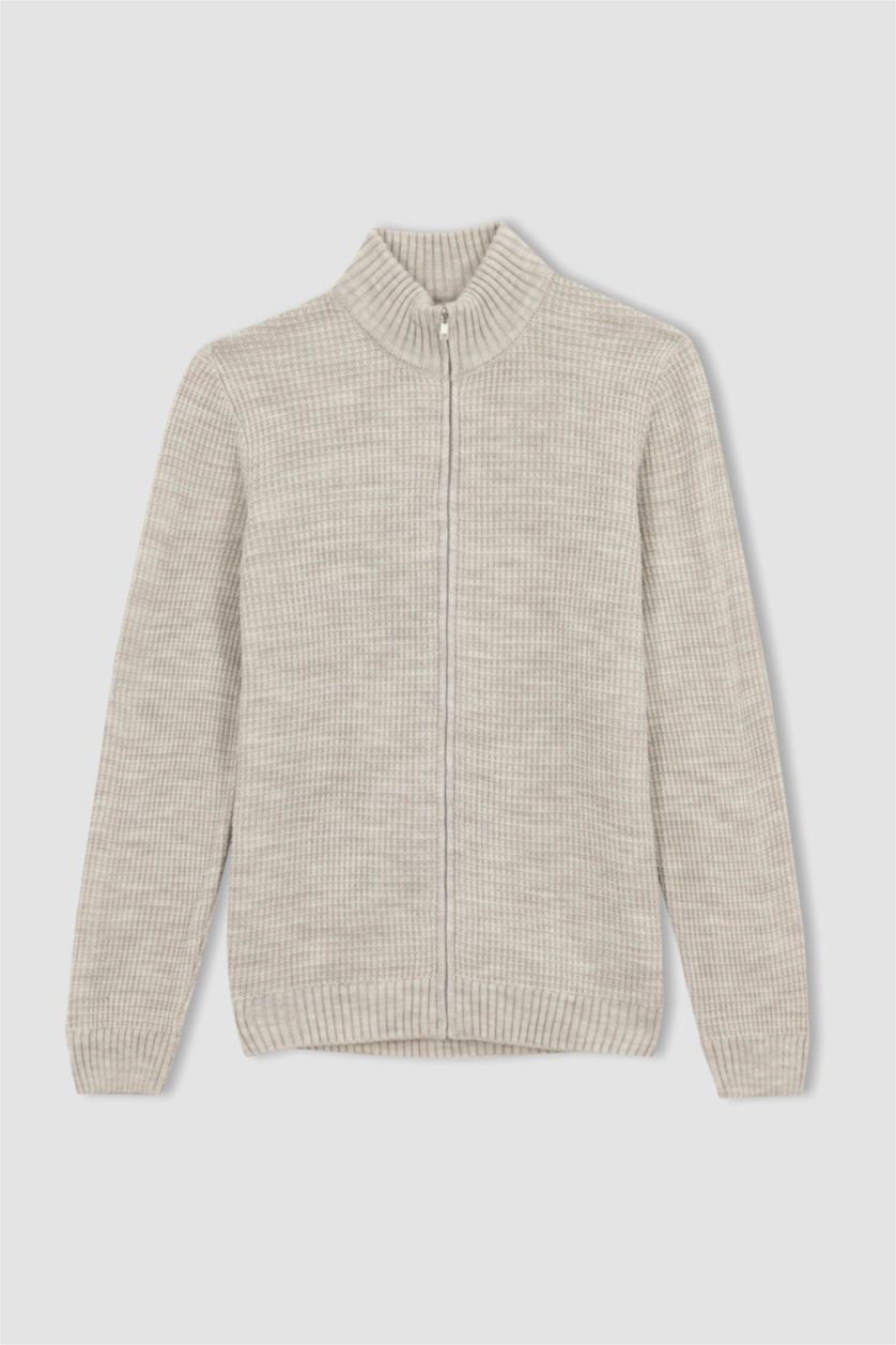 MAN Light Beige Melange Standard Fit Half Turtleneck Knitwear Cardigan