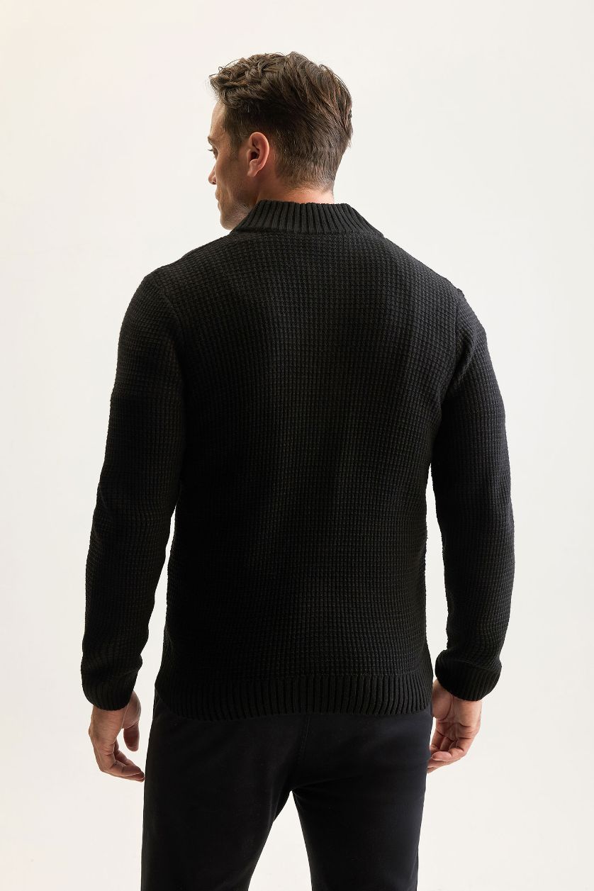 Erkek Siyah Siyah Standart Fit Normal Kesim Yarım Balıkçı Yaka Fermuarlı Triko Hırka