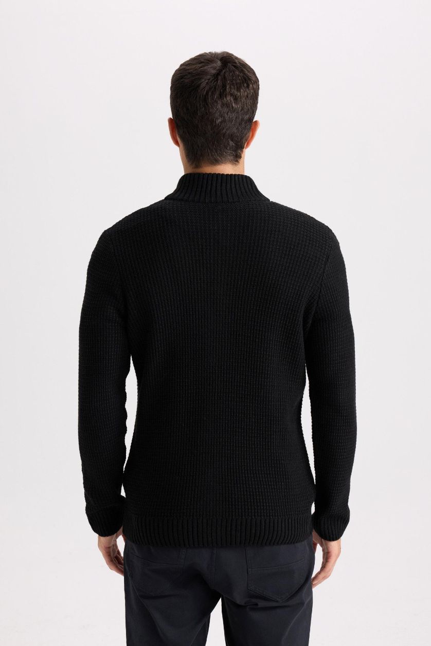 Erkek Siyah Siyah Standart Fit Normal Kesim Yarım Balıkçı Yaka Fermuarlı Triko Hırka