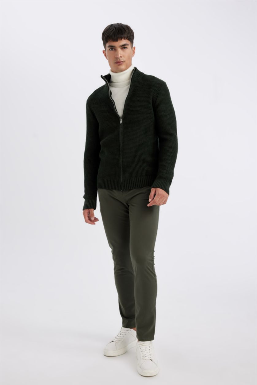 Erkek Koyu Yeşil Standart Fit Normal Kesim Yarım Balıkçı Yaka Fermuarlı Triko Hırka