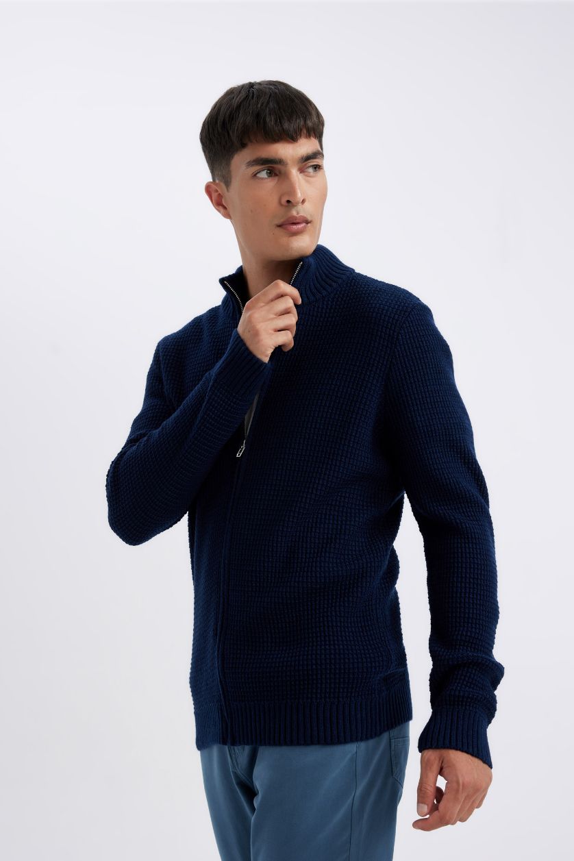 رجال كحلي كارديجان تريكو قصة عادية بياقة عالية