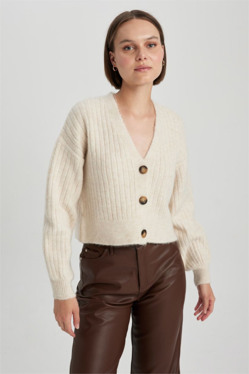 WOMAN Beige Melange Regular Fit V-Neck Knitwear Cardigan