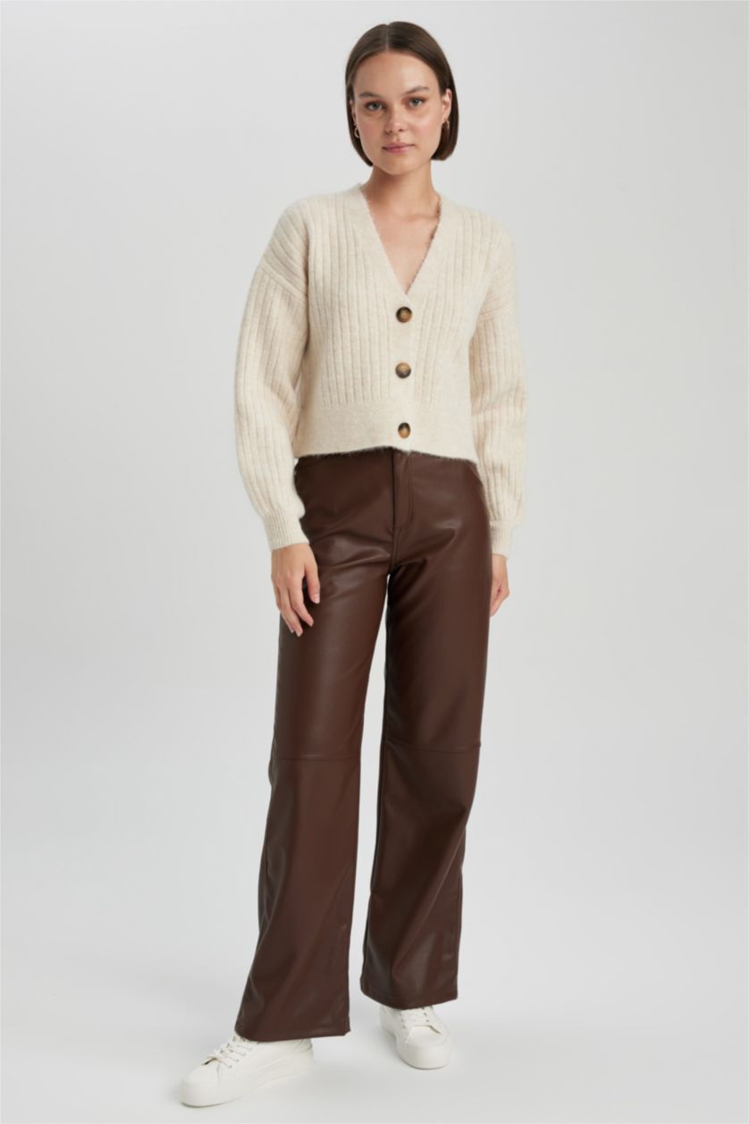 WOMAN Beige Melange Regular Fit V-Neck Knitwear Cardigan