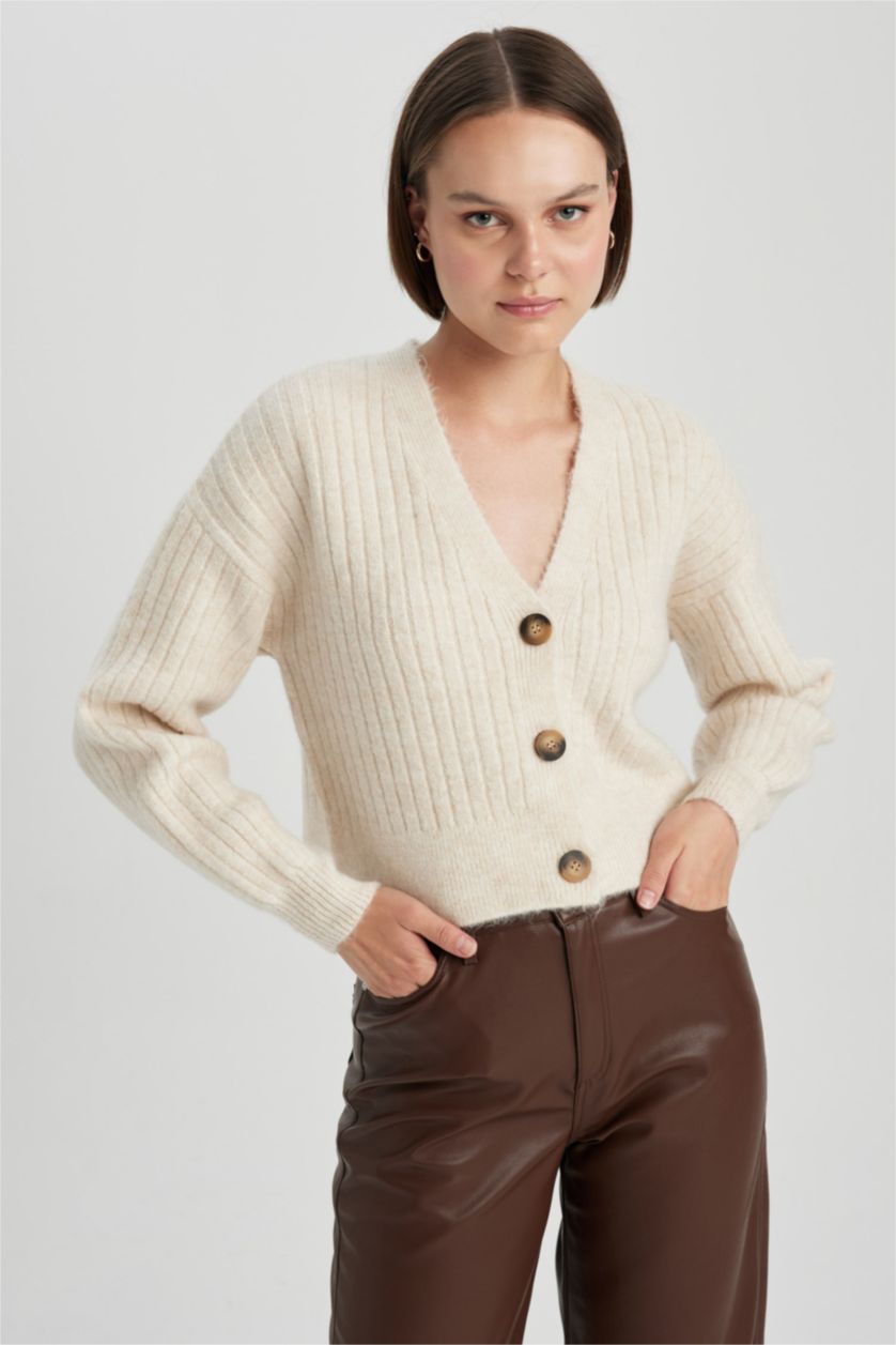 WOMAN Beige Melange Regular Fit V-Neck Knitwear Cardigan
