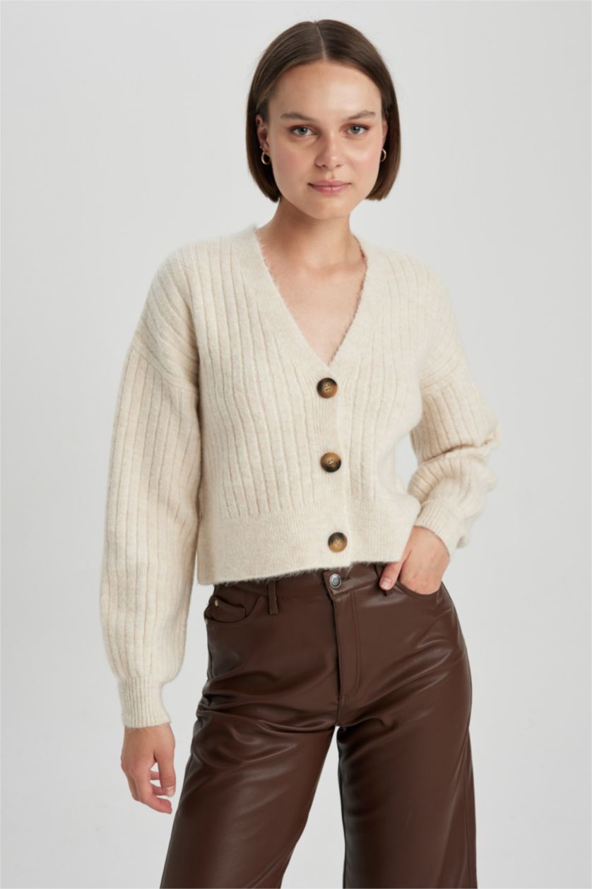 WOMAN Beige Melange Regular Fit V-Neck Knitwear Cardigan