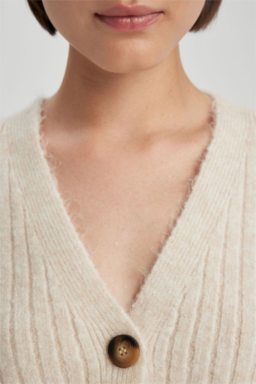 WOMAN Beige Melange Regular Fit V-Neck Knitwear Cardigan