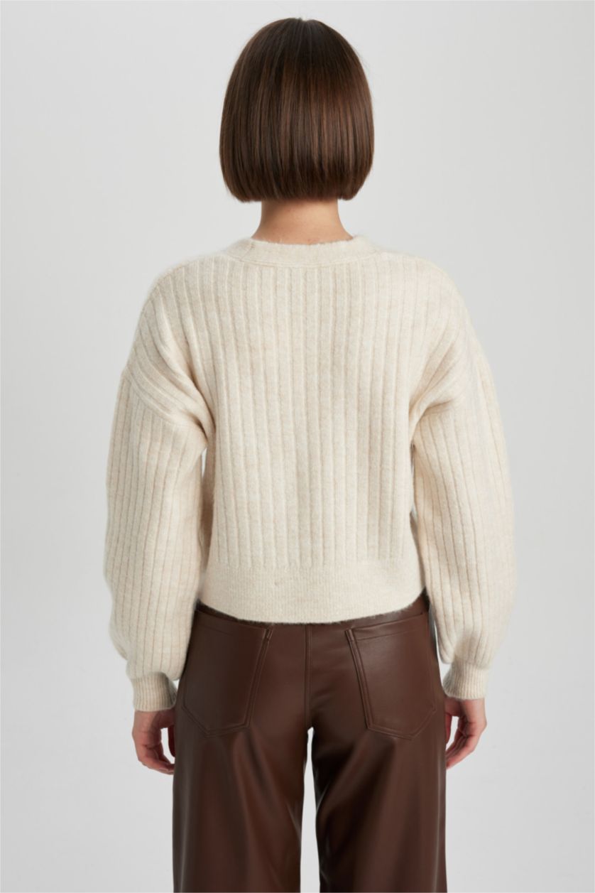 WOMAN Beige Melange Regular Fit V-Neck Knitwear Cardigan