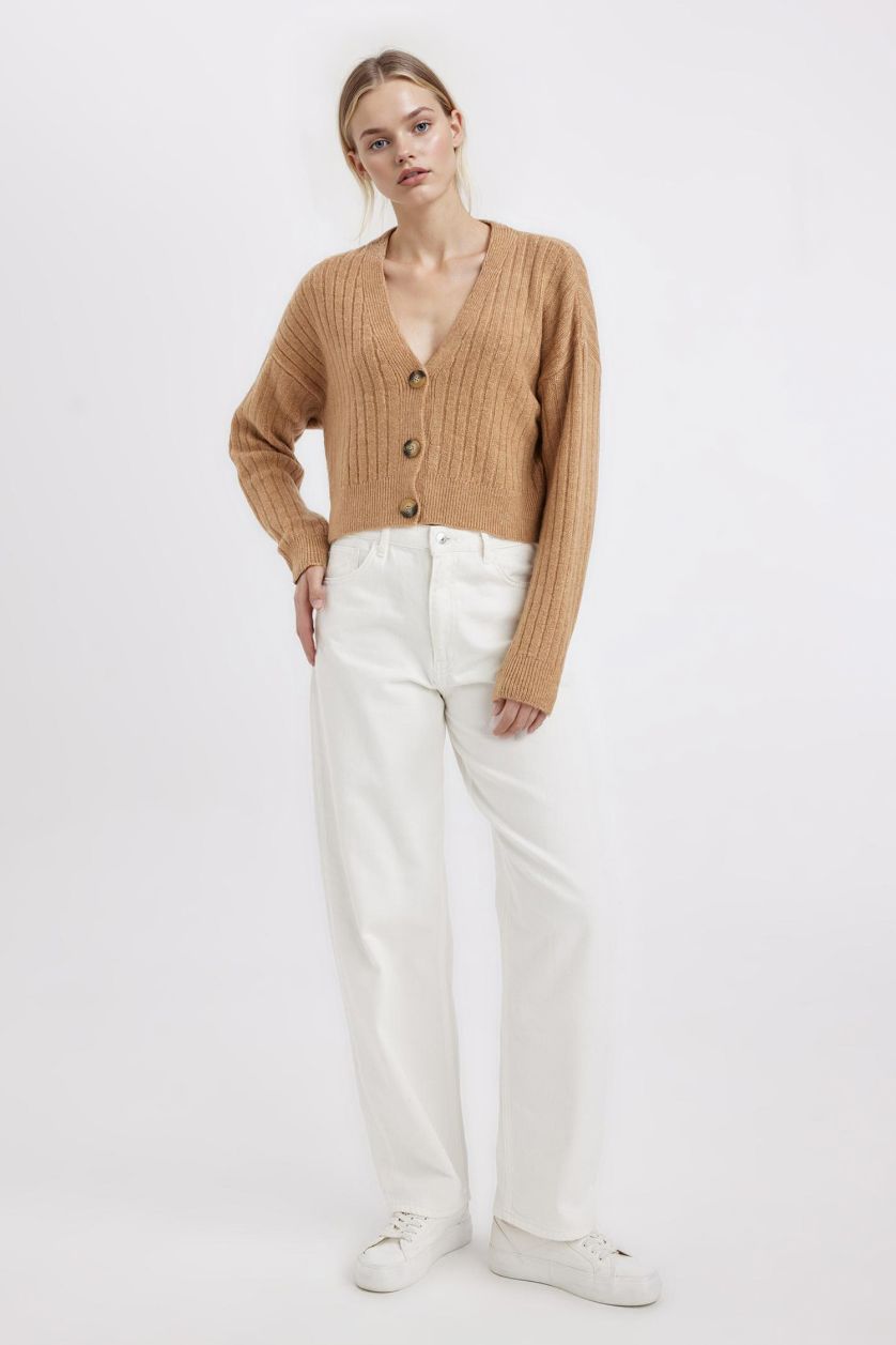 Kadın Camel Regular Fit V Yaka Basic Düz Düğmeli Triko Hırka