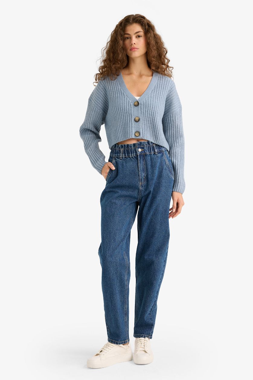 Kadın Mavi Regular Fit V Yaka Düğmeli Triko Hırka