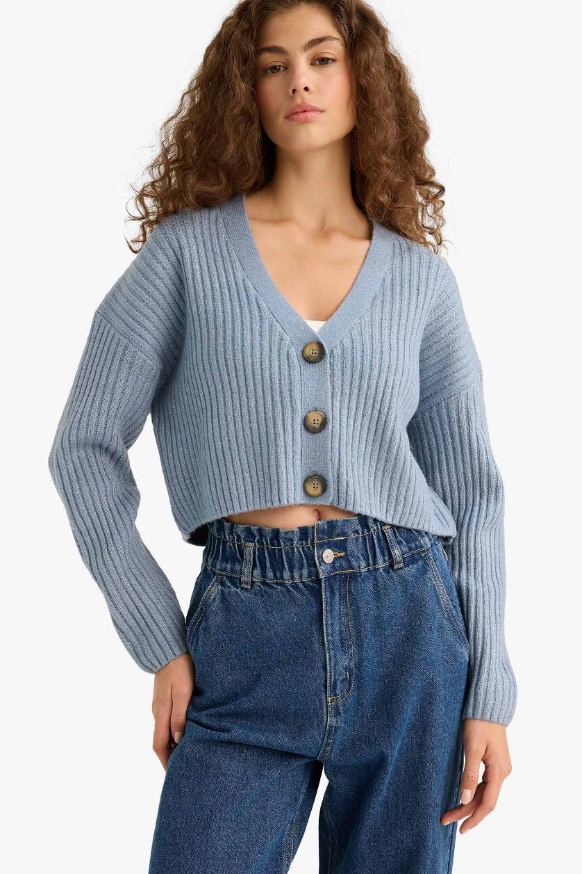 Kadın Mavi Regular Fit V Yaka Düğmeli Triko Hırka