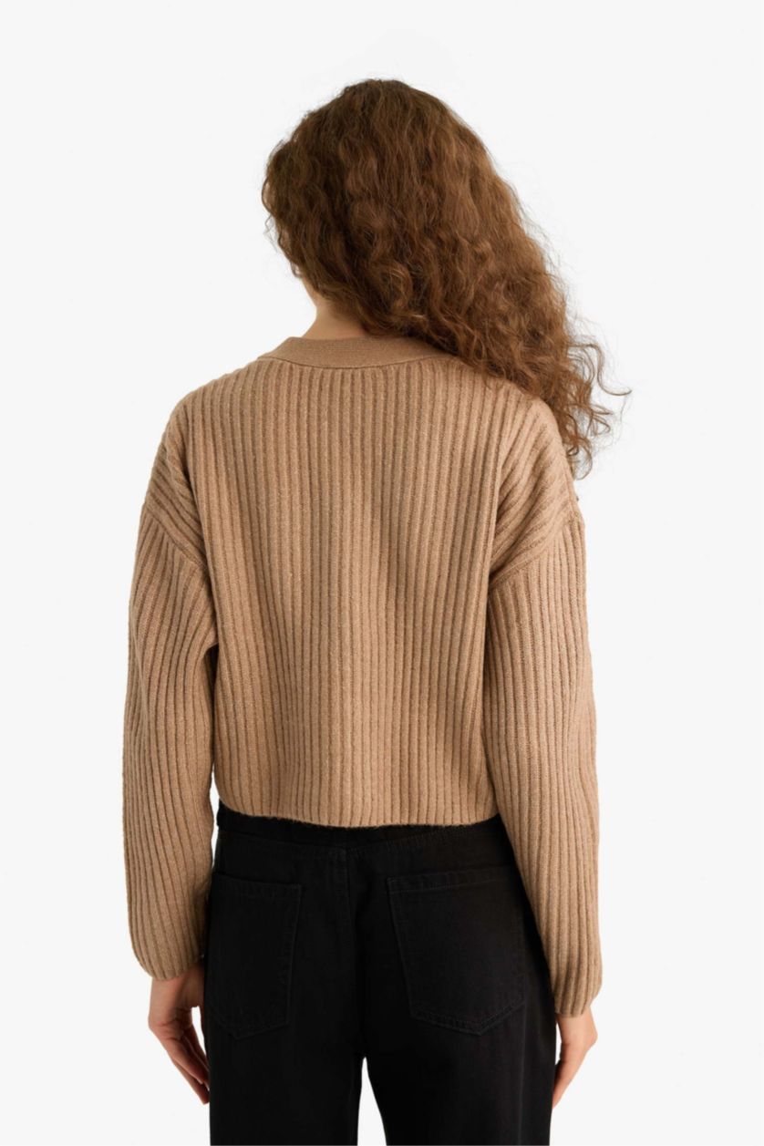 Kadın Bej Regular Fit V Yaka Düğmeli Triko Hırka