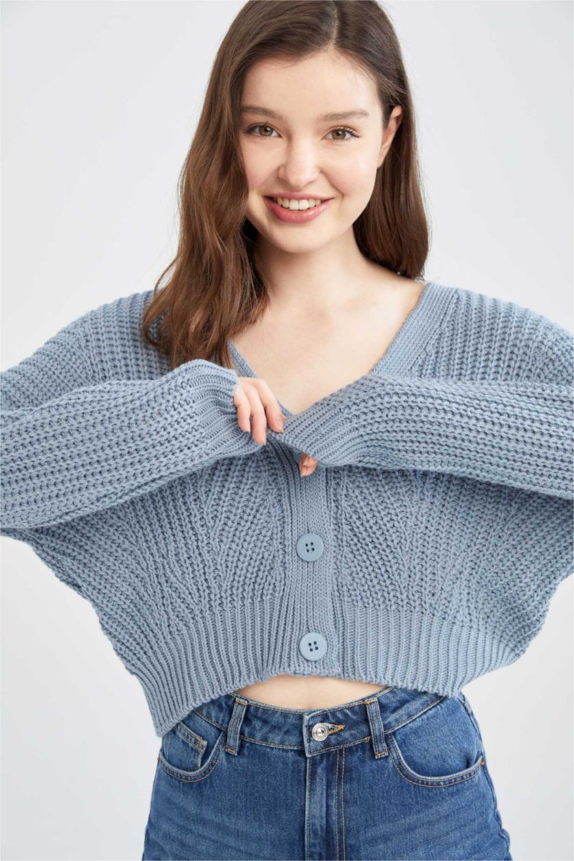 Женщины Светло-синий Кардиган на пуговицах с V-образным вырезом