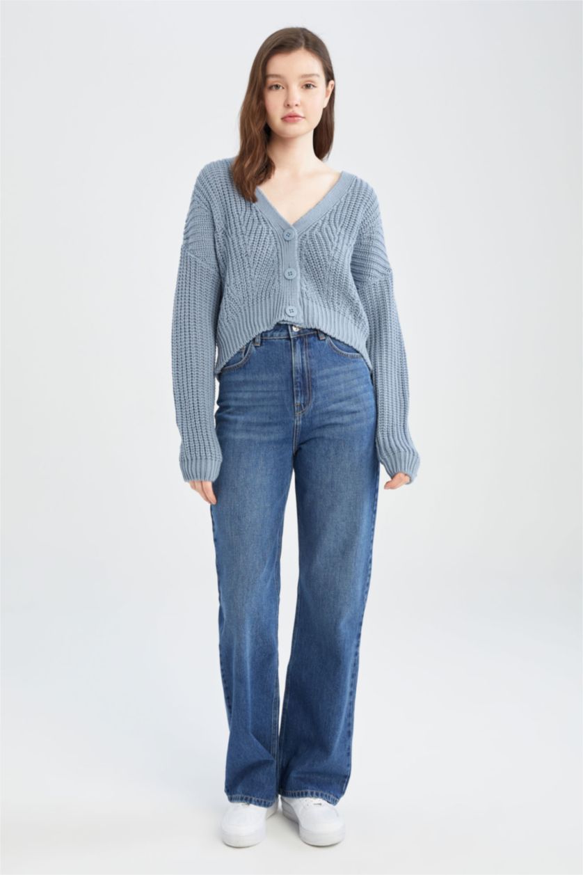 Женщины Светло-синий Кардиган на пуговицах с V-образным вырезом