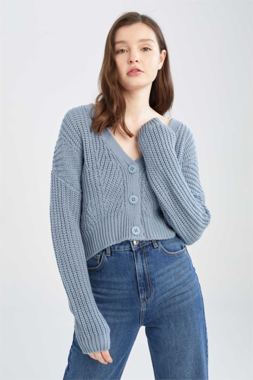 Женщины Светло-синий Кардиган на пуговицах с V-образным вырезом