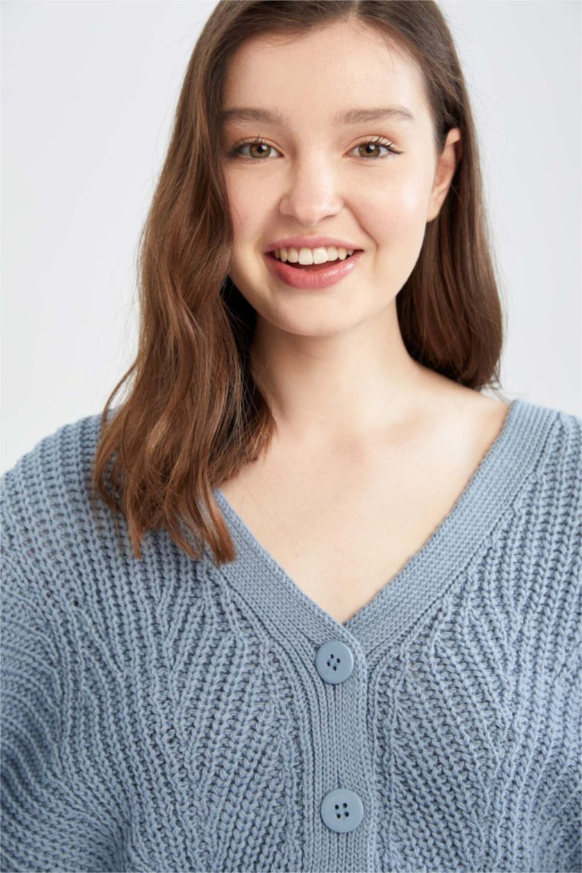 Женщины Светло-синий Кардиган на пуговицах с V-образным вырезом