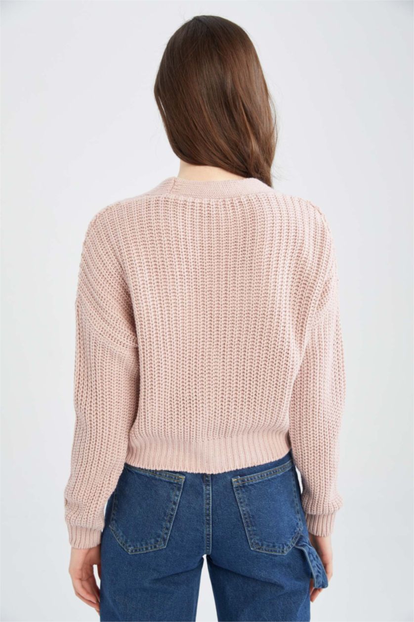 نساء وردي فاتح جاكيت صوف قصة عادية بياقة V