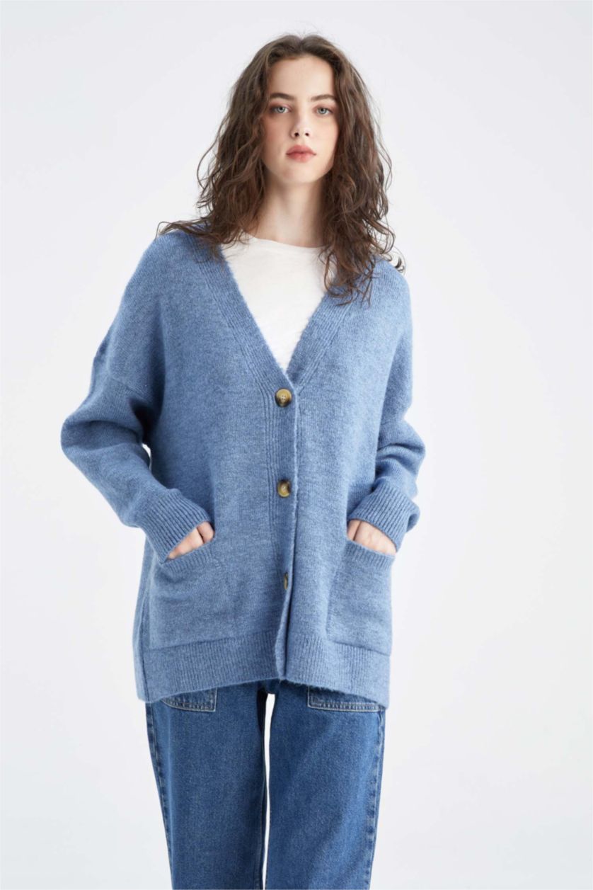 WOMAN Blue Oversize Fit V-Neck Cardigan
