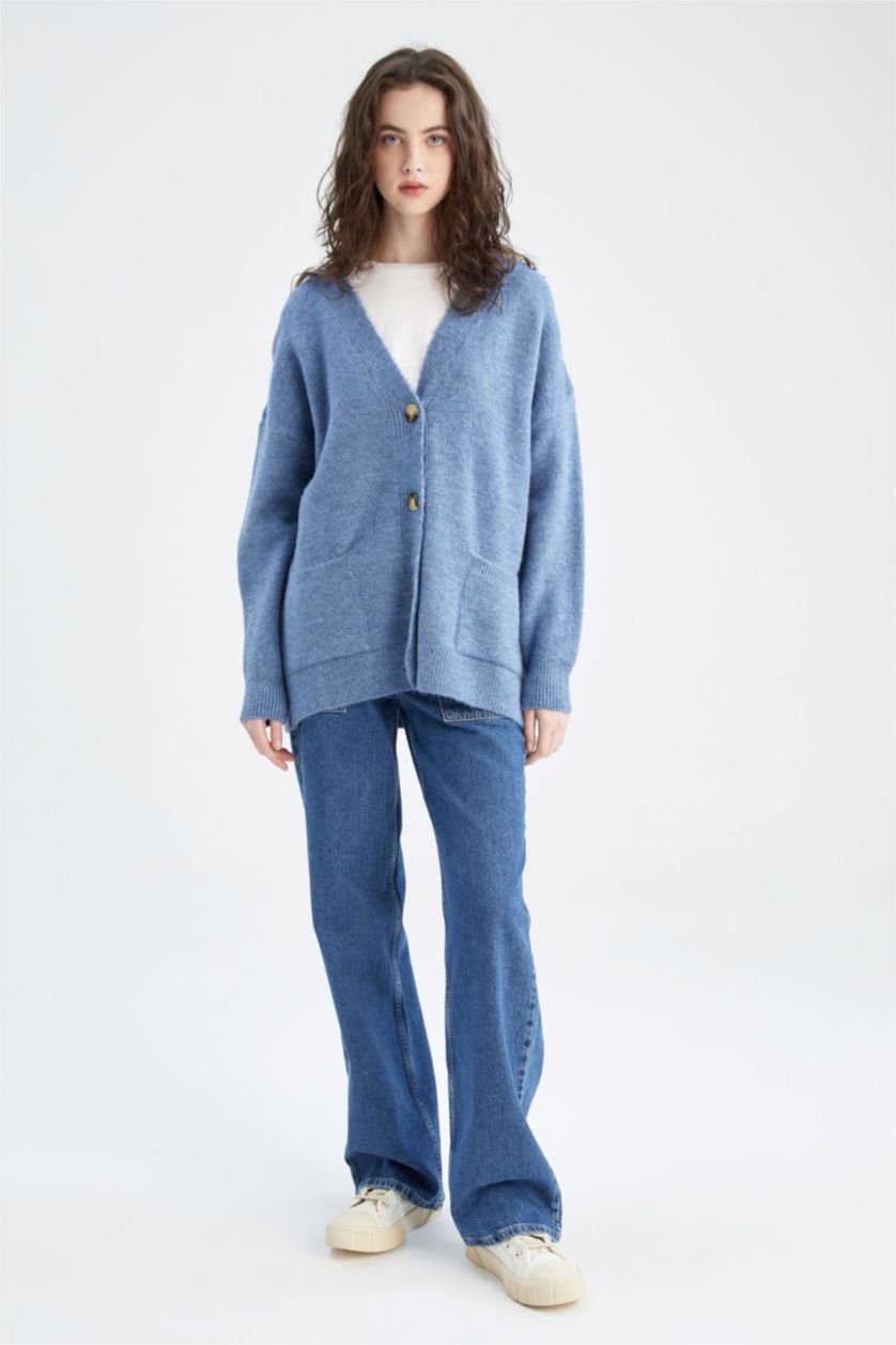 WOMAN Blue Oversize Fit V-Neck Cardigan