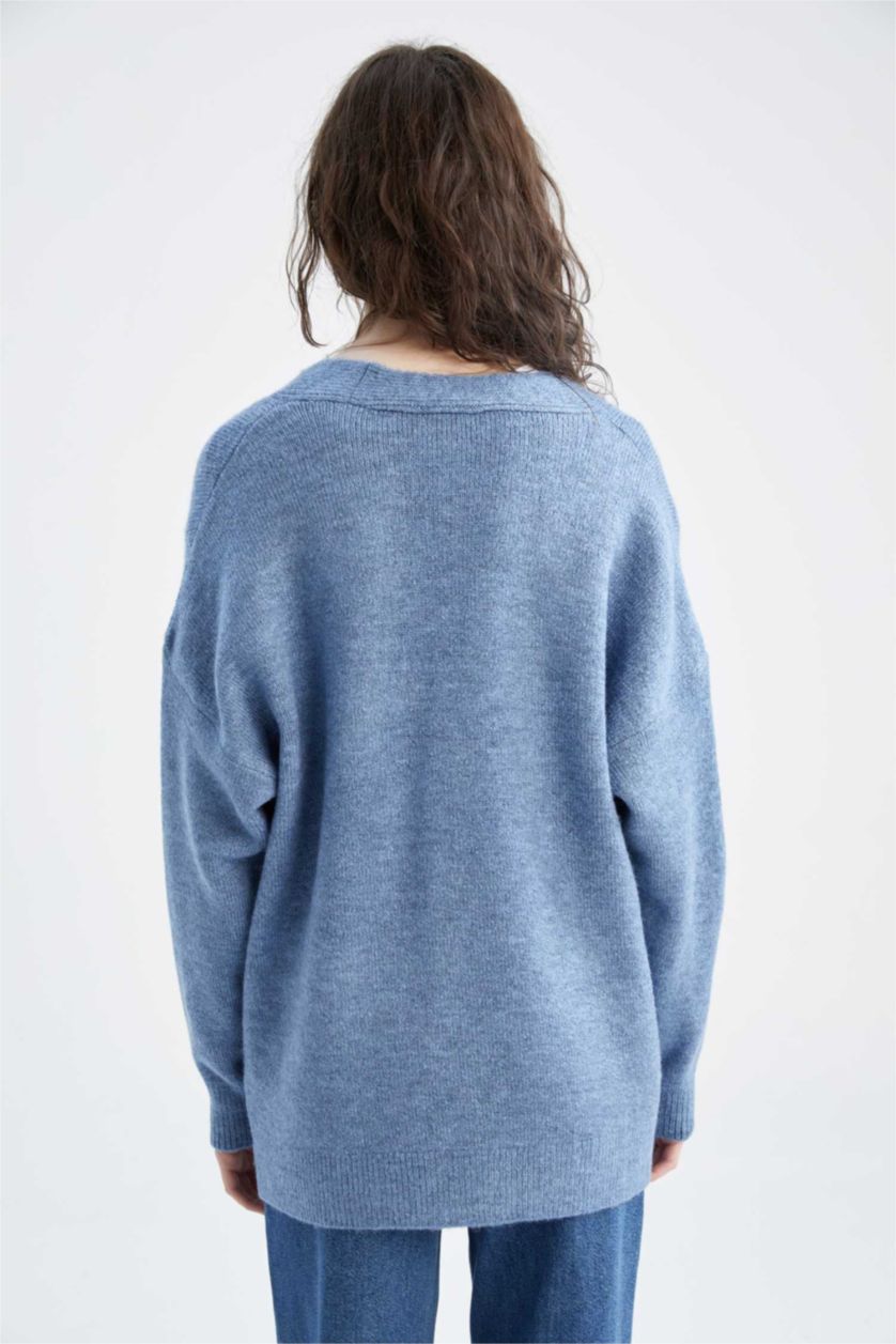 WOMAN Blue Oversize Fit V-Neck Cardigan