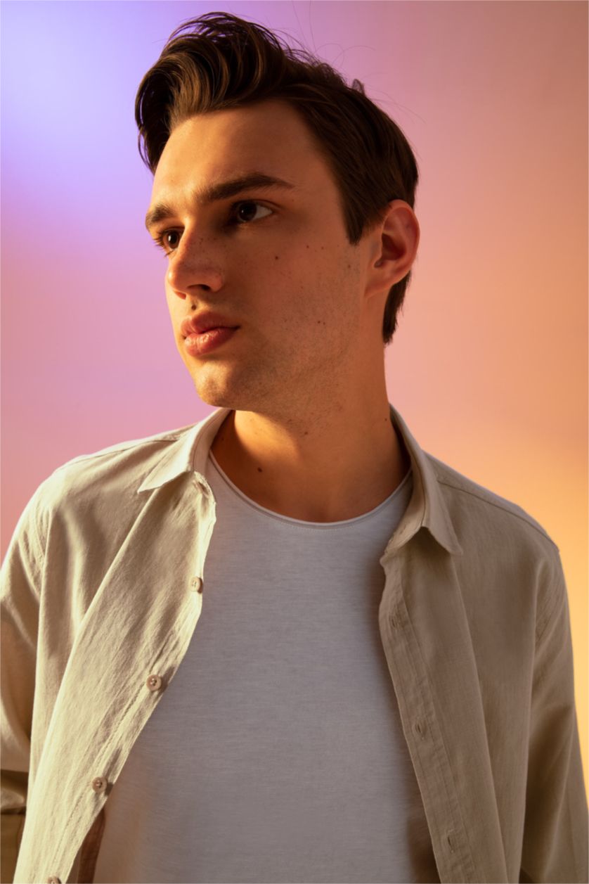 HOMME Beige Chemise slim à manches longues 100% coton