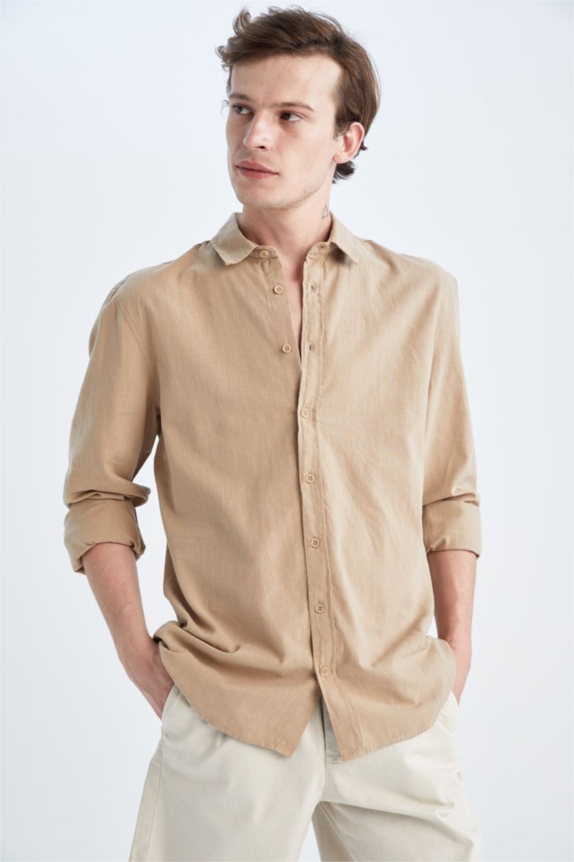 HOMME Beige Chemise slim à manches longues 100% coton