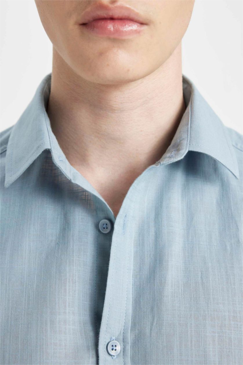 رجالي أزرق قميص كم طويل سليم فيت