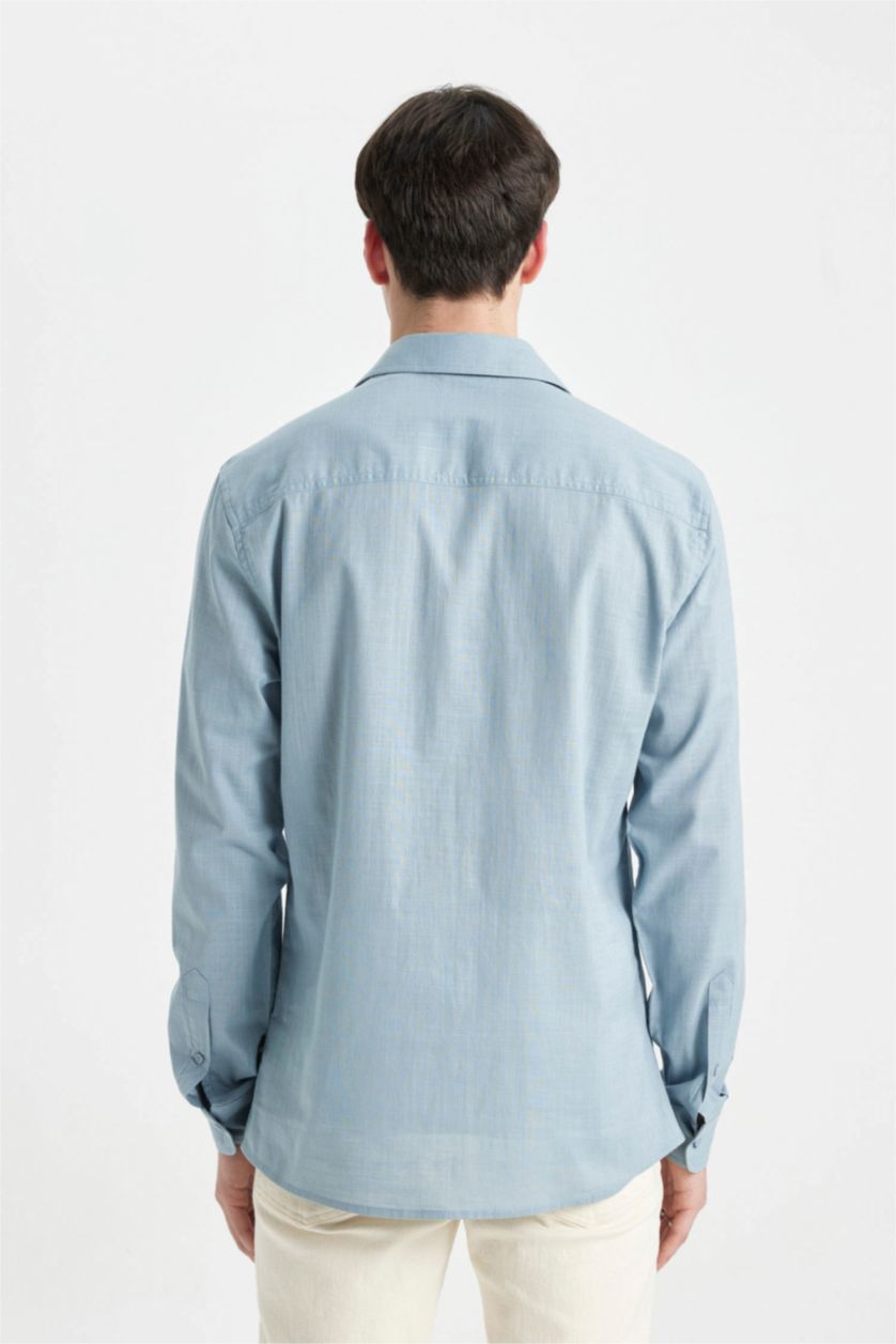 رجالي أزرق قميص كم طويل سليم فيت