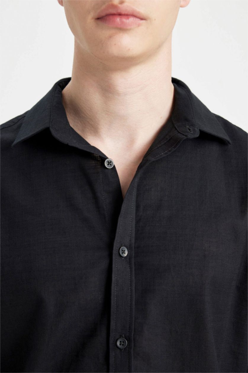 رجال أسود قميص قطن سليم فت كم طويل