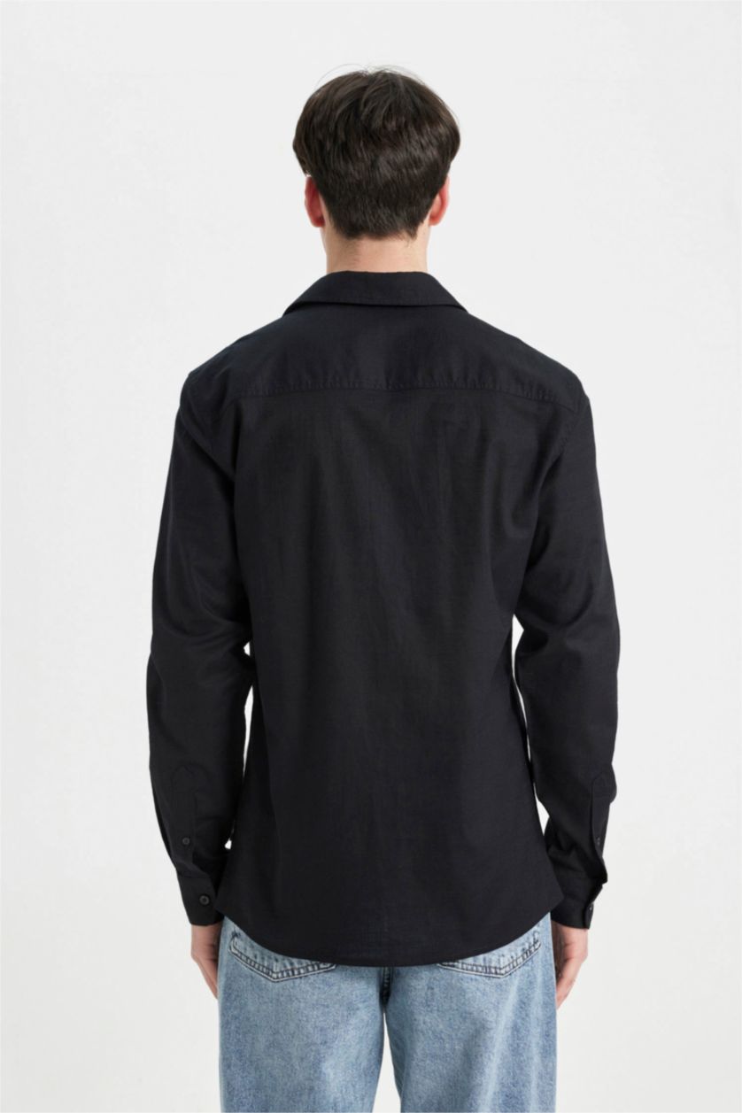 رجال أسود قميص قطن سليم فت كم طويل