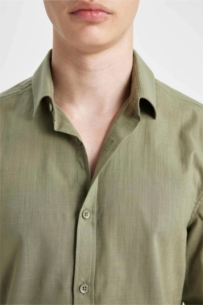 رجالي كاكي قميص كم طويل سليم فيت