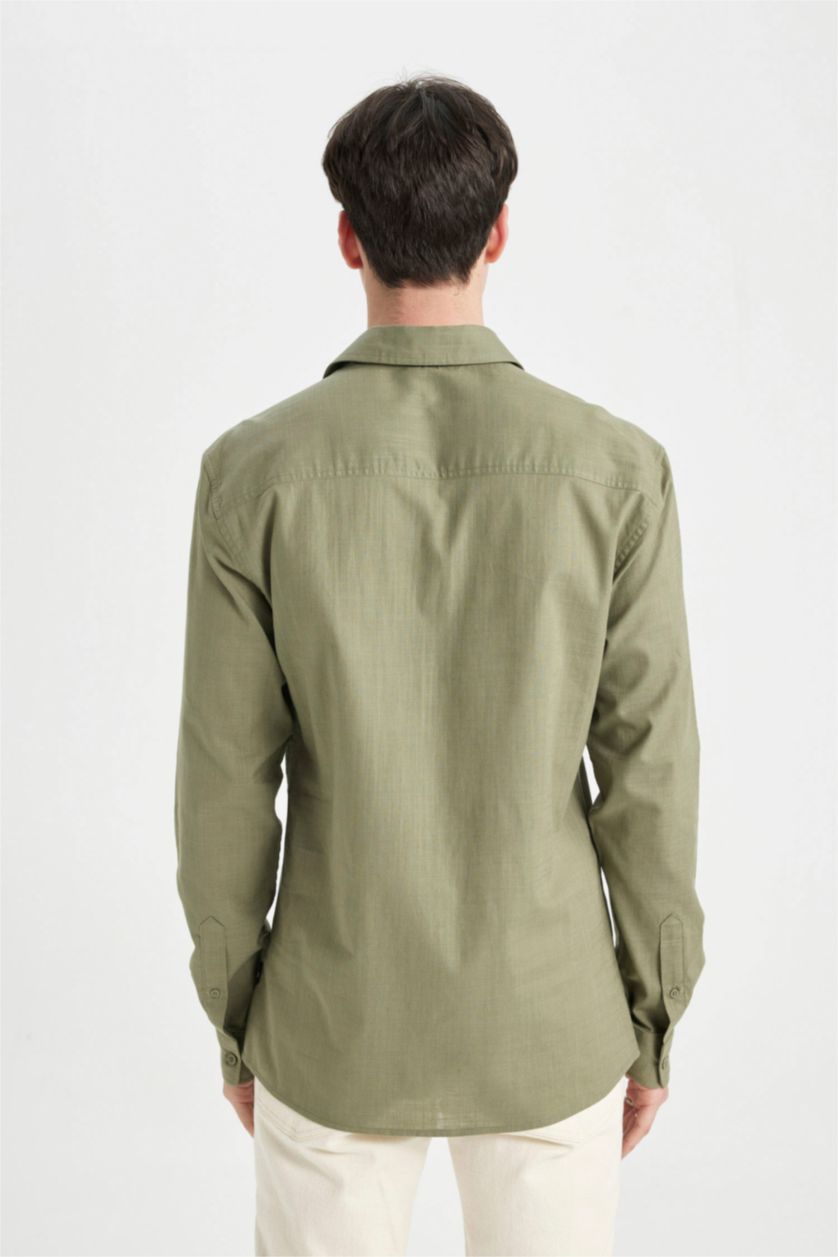 رجالي كاكي قميص كم طويل سليم فيت